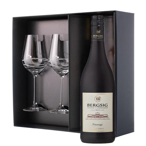 Bergsig Estate Pinotage 75cl Red Wine And Diamante Venezia Glasses Gift Box Set